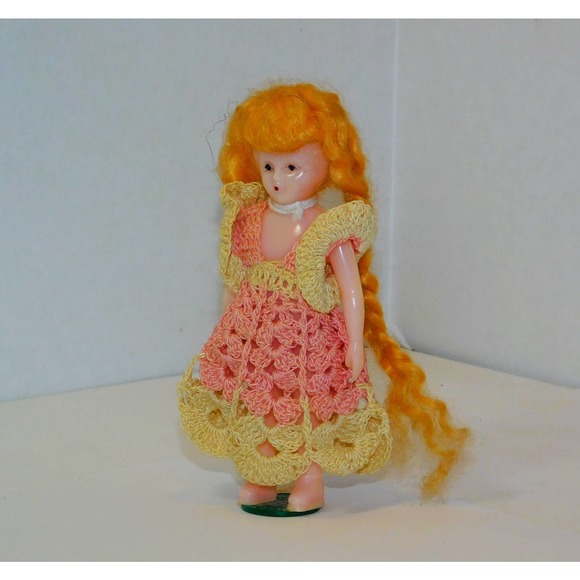 Very Old Vintage Celluloid Doll with Red Braided Hair Standing on Tax To… - Picture 6 of 9